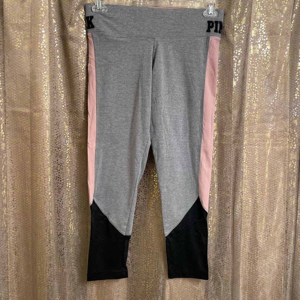 PINK Victorias Secret Pink Gray Black Mesh Ankle Yoga Leggings, Medium
